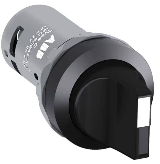 Bouton de commutateur rotatif noir avec corps cylindrique gris, présenté sur un fond blanc.