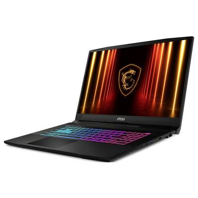 Ordinateur portable de jeu MSI ouvert avec clavier RGB illuminé et logo dragon sur l'écran, présenté sur un fond blanc.