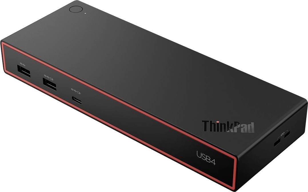 Dock USB4 ThinkPad noir présenté en vue angulée, avec plusieurs ports à l'avant et marquage ThinkPad sur le dessus.