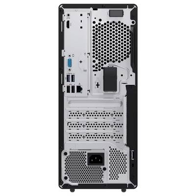 Vue arrière d'une tour informatique de bureau montrant les ports arrière, les fentes d'expansion, les évents de refroidissement et la zone d'alimentation.