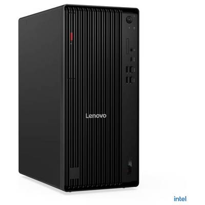 Tour de bureau Lenovo ThinkCentre noire sur fond blanc avec bouton d'alimentation frontal, ports et logo Intel