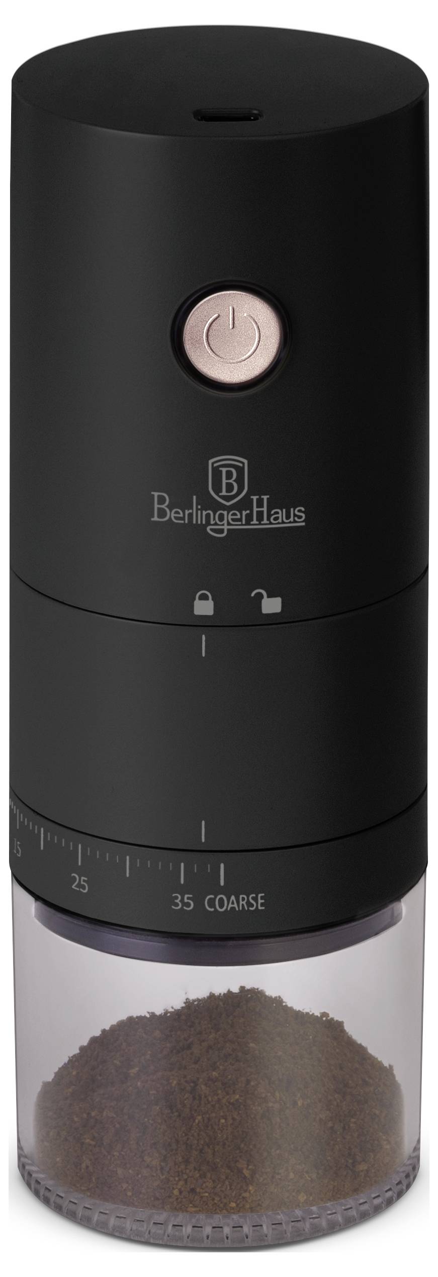 Moulin à café électrique Black BerlingerHaus avec un bouton d'alimentation et un récipient transparent pour le moulin rempli de grains ou de moulure de café.