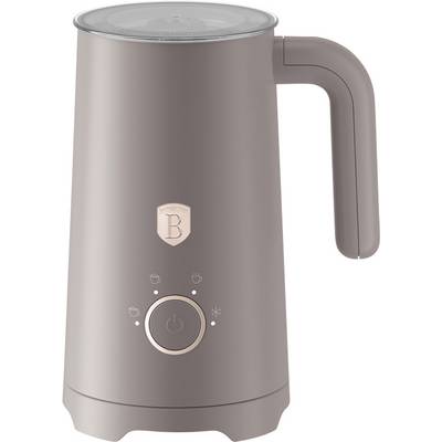 Un mousseur à lait électrique taupe avec un couvercle transparent, une poignée latérale et un bouton d'alimentation frontal avec des icônes de réglages de moussage.