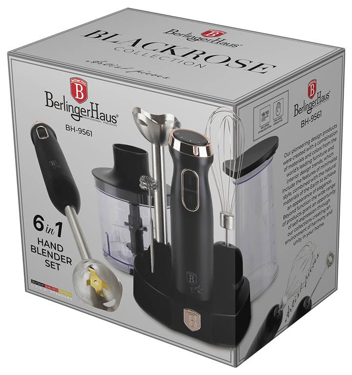 Boîte d'emballage pour l'ensemble de mixeur plongeant 6-en-1 de BerlingerHaus 'Collection Blackrose', présentant le mixeur plongeant, le fouet, le hachoir et les accessoires.
