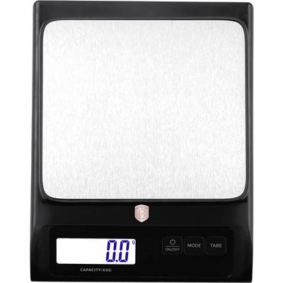 Balance numérique de cuisine noire avec plateau de pesée en acier inoxydable et écran LCD bleu affichant 0,0