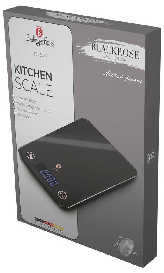 Emballage de la balance de cuisine BerlingerHaus montrant une balance numérique noire avec un écran bleu et la marque « Black Rose Collection ».