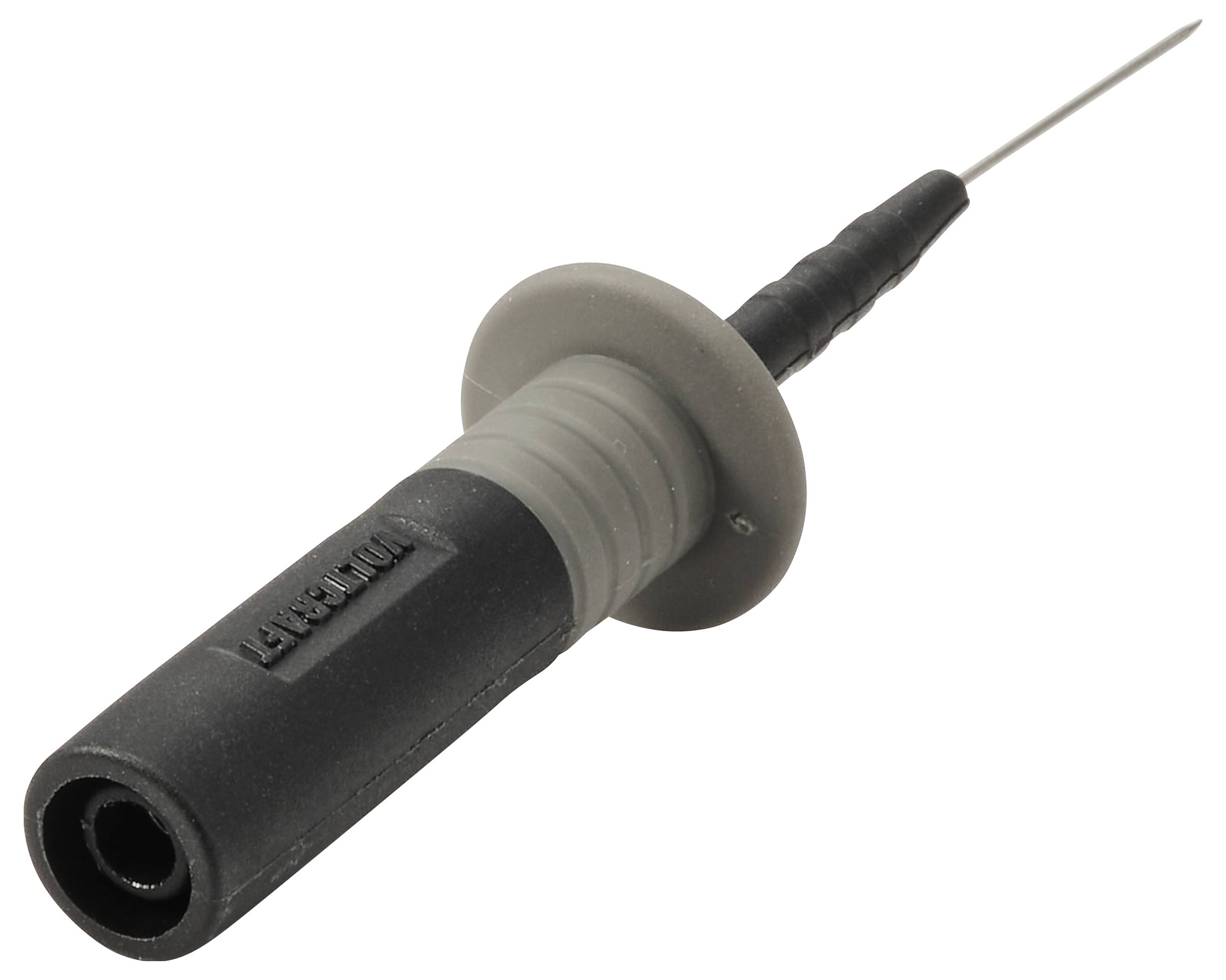 Sonde électrique noire avec un collier gris et une pointe métallique pointue, présentée isolée sur un fond blanc.