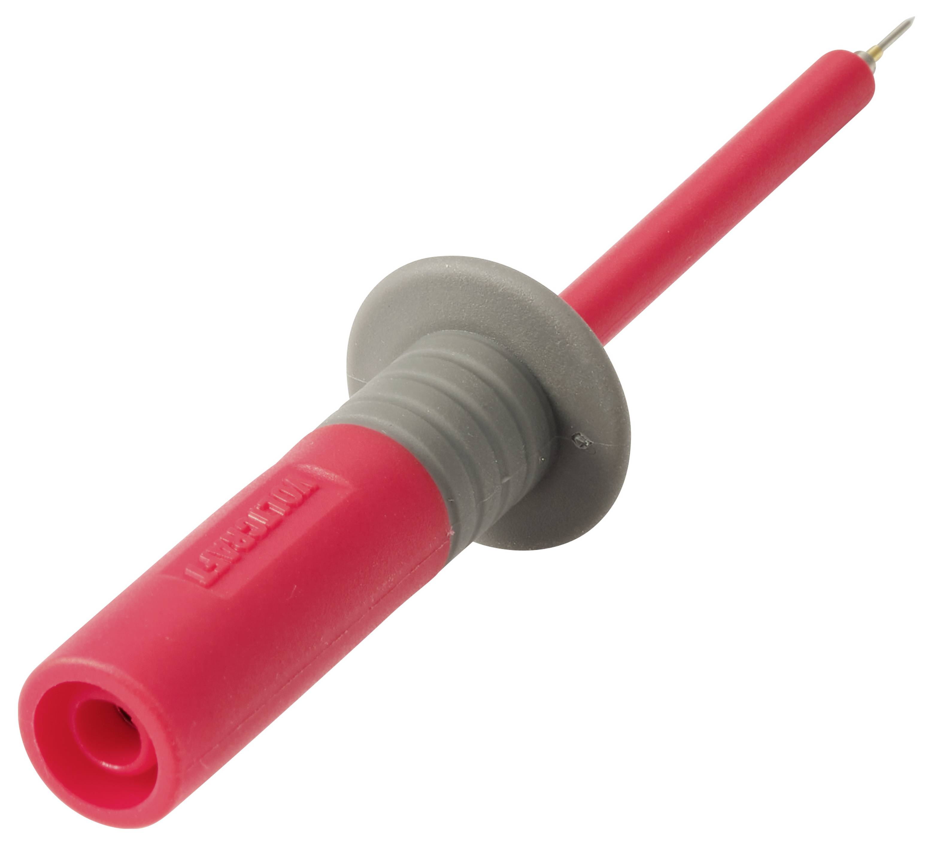 Sonde de test de multimètre isolée rouge avec une pointe métallique pointue et une bague grise sur un fond blanc.