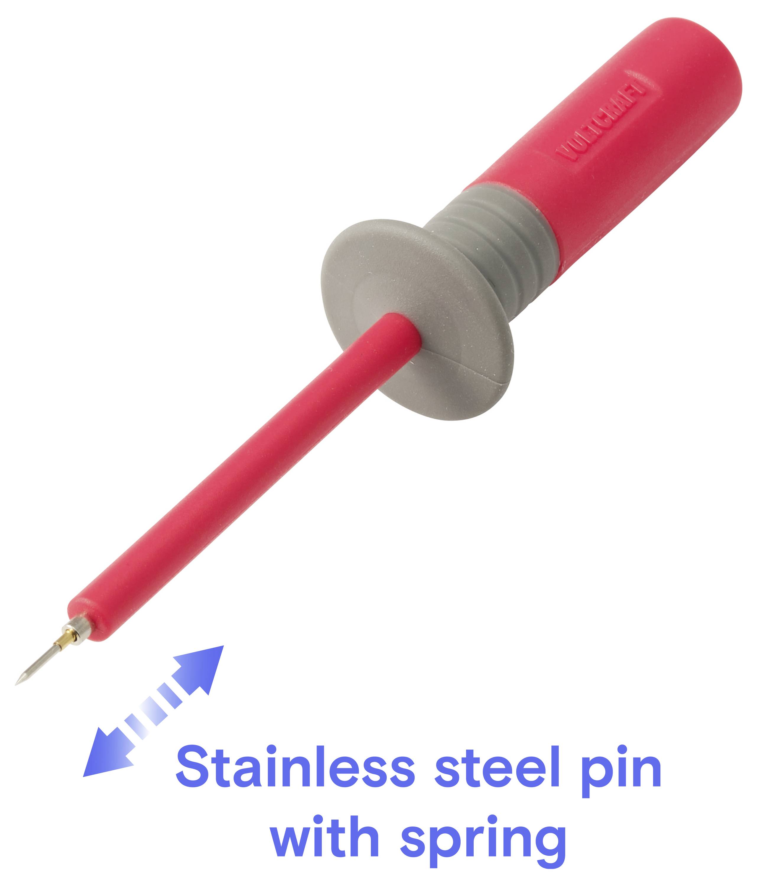 Sonde de test rouge avec une broche à ressort en acier inoxydable, étiquetée « Broche en acier inoxydable avec ressort ».