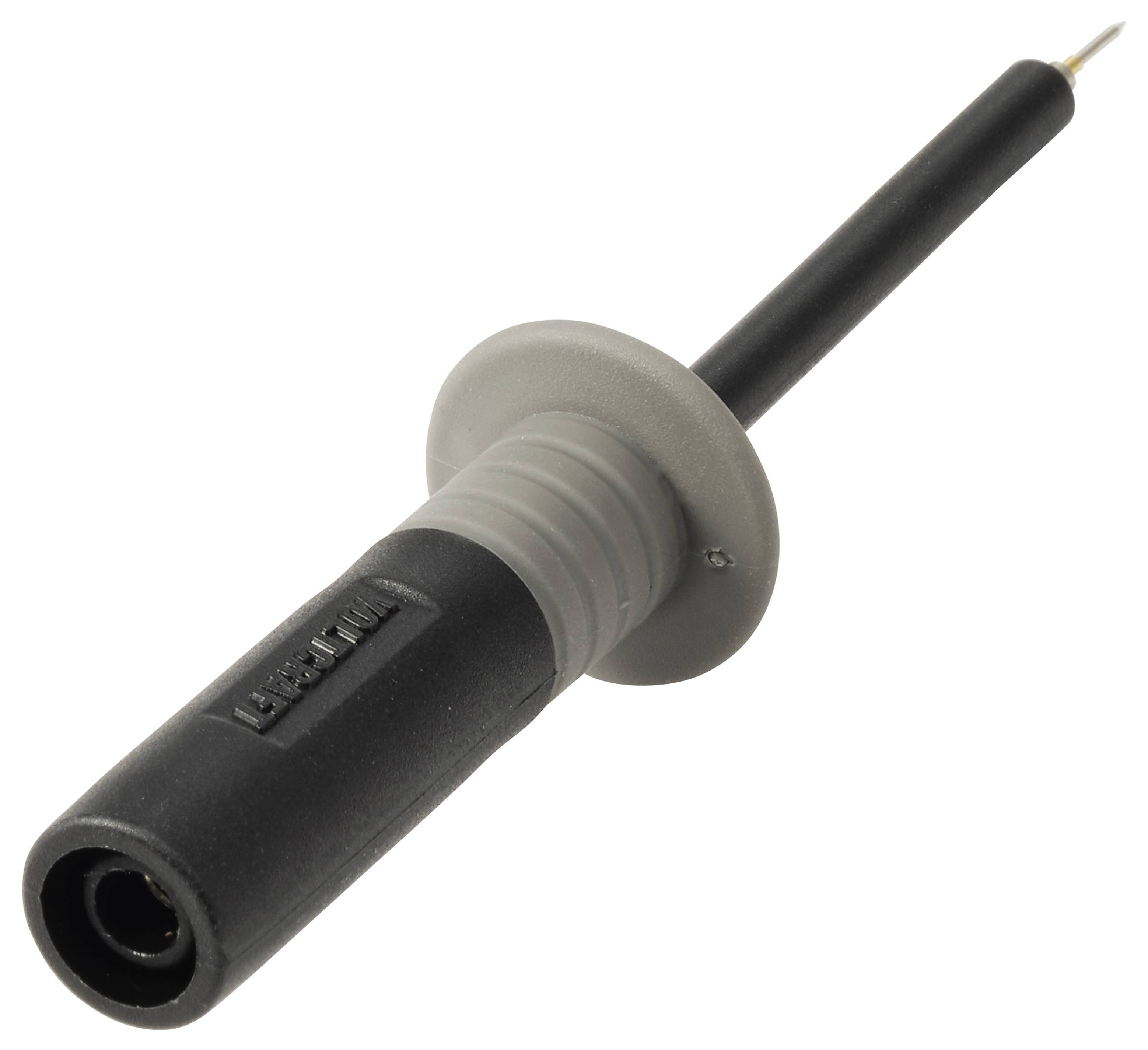 Sonde de test noire avec pointe métallique pointue et collier isolant gris, présentée sur un fond blanc.