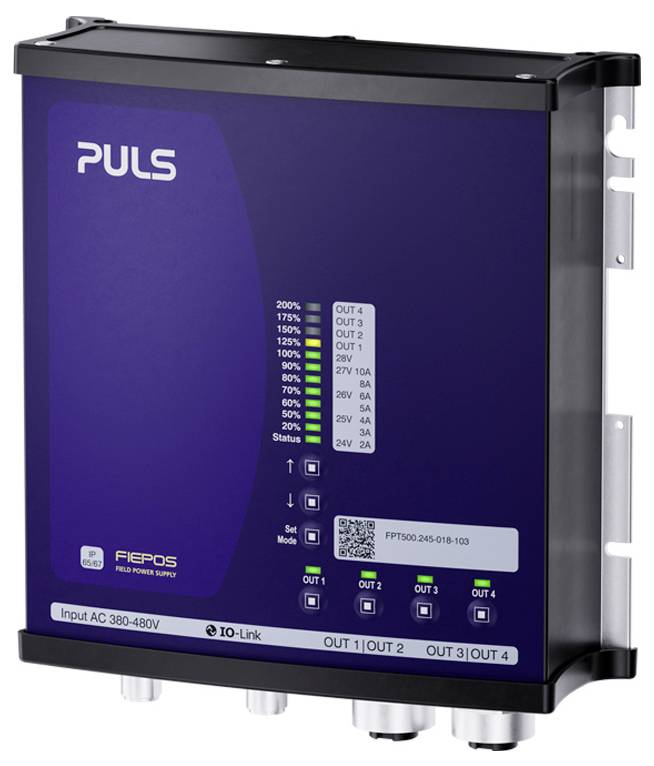 Unité d'alimentation PULS FIEPOS avec voyants de statut et ports de sortie étiquetés pour entrée industrielle 380-480V.