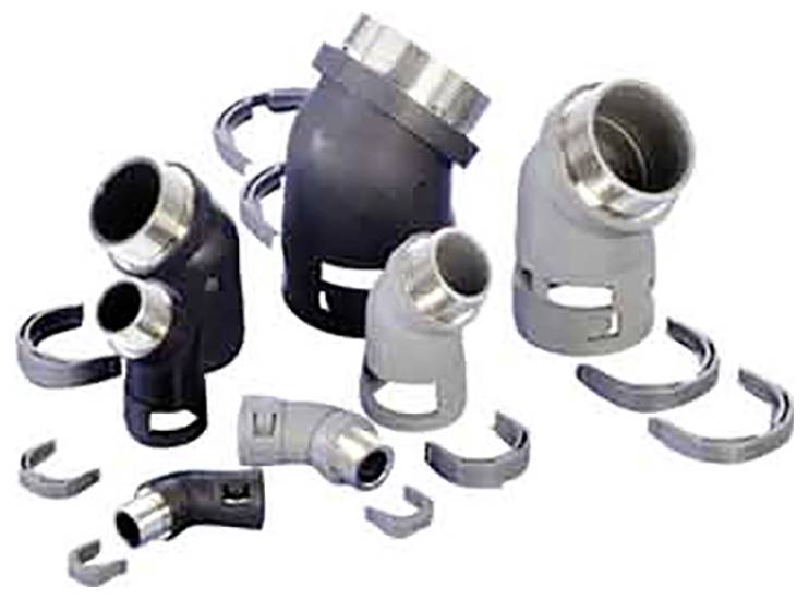 Coudes de tuyauterie métallique assortis et raccords coudés en noir et argent, présentés comme composants de produit sur un fond blanc.