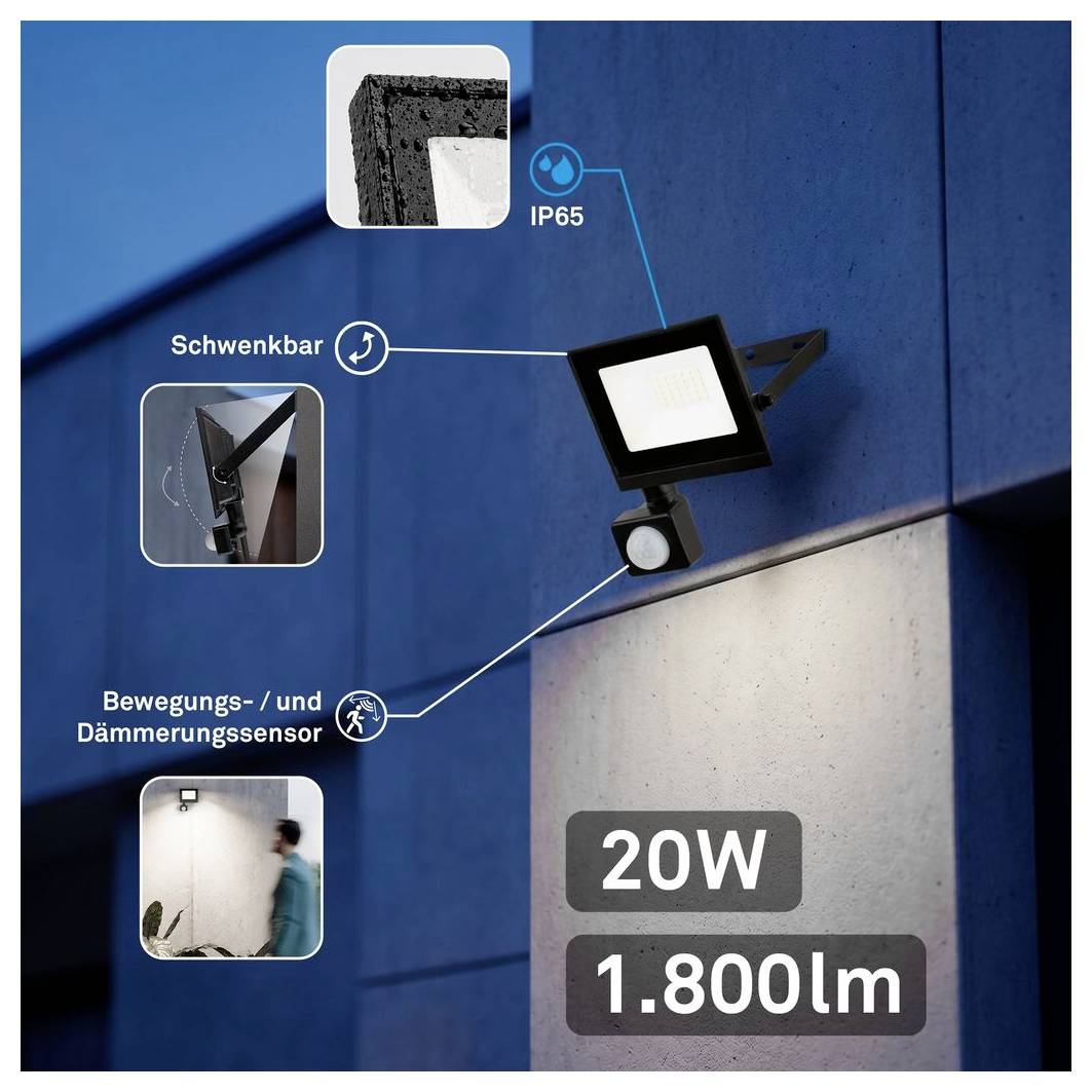 # Lampe de Projecteur LED 20W avec Capteur de Mouvement et Crépuscule, Support Pivotant, Indice IP65 et Sortie de 1 800 lm
