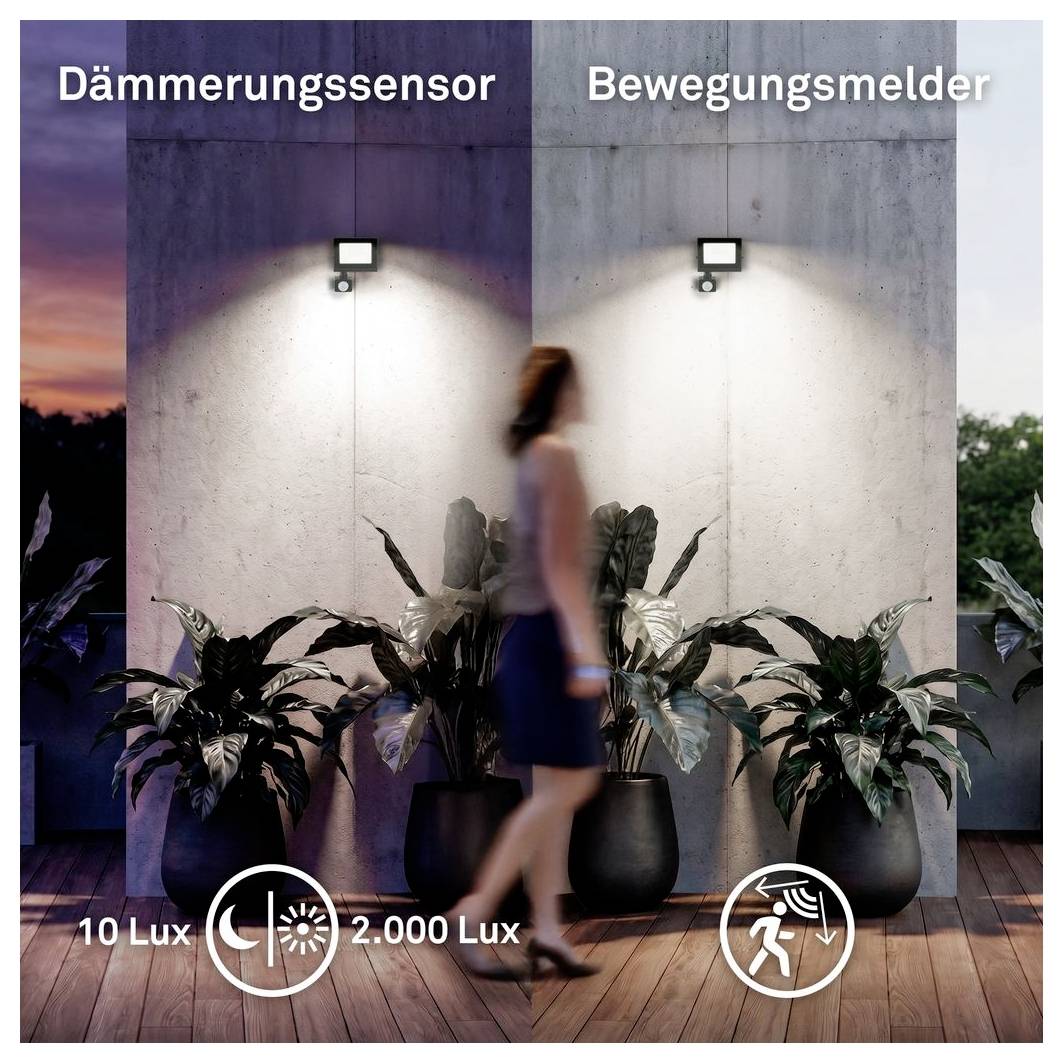 Comparaison côte à côte de deux appliques murales : « Capteur de crépuscule » à gauche à 10 Lux, « Détecteur de mouvement » à droite à 2 000 Lux, avec une personne marchant devant l'applique plus brillante à détecteur de mouvement.