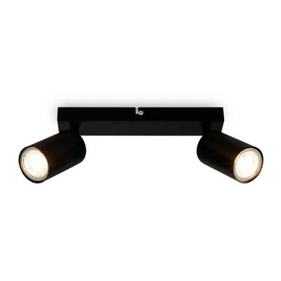 Projecteur de plafond ajustable à deux têtes noires avec deux têtes de lampe cylindriques sur un support rectangulaire.