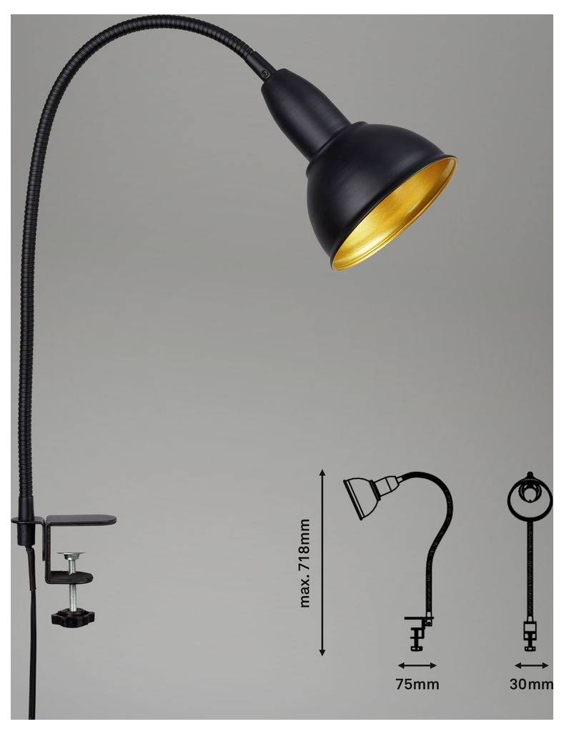 Lampe à pince ajustable noire avec col flexible et abat-jour intérieur doré, plus diagramme de dimensions montrant une hauteur maximale de 718 mm et des dimensions de 75 mm, 30 mm.