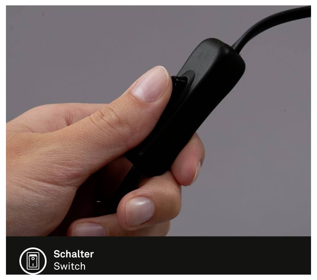 Main appuyant sur un commutateur de câble inline noir; l'étiquette indique « Schalter » et « Switch ».