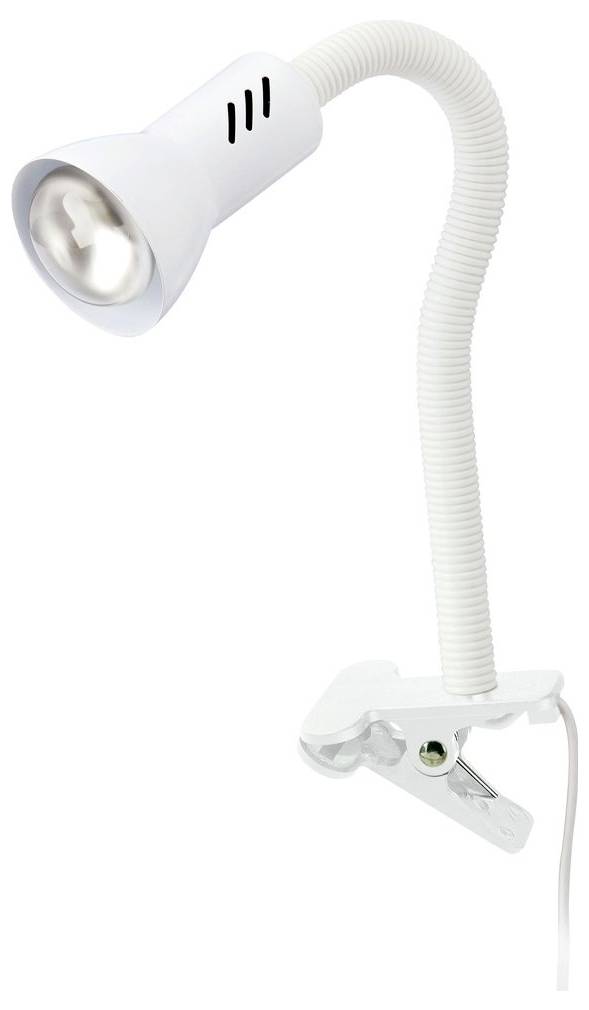 Lampe de lecture LED blanche avec pince à ressort, col de cygne flexible et base à pince ressort sur fond blanc.