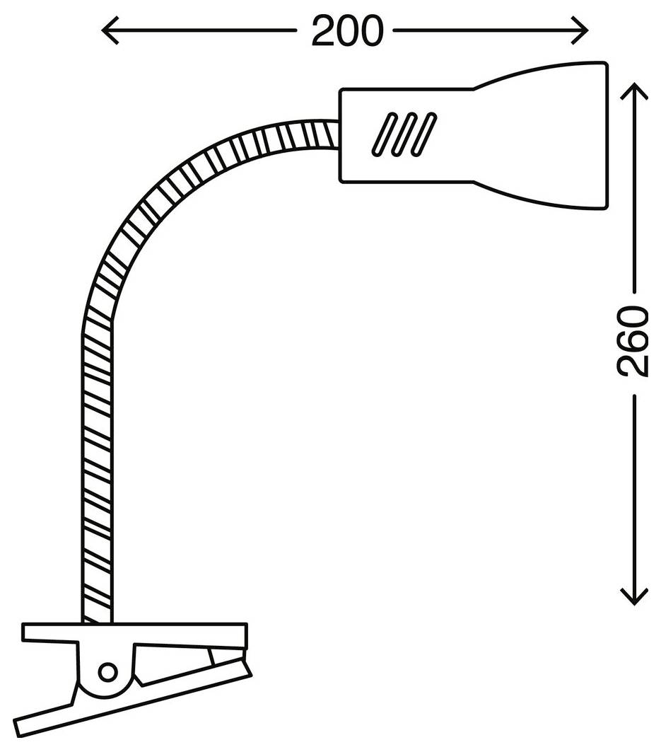 Schéma d'une lampe de bureau flexible avec pince, indiquant les dimensions : 200 mm de largeur et 260 mm de hauteur.