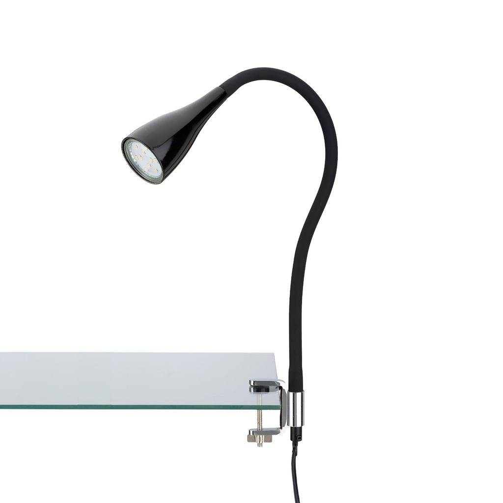 Lumière de lecture LED à pincer noire fixée au bord d'une étagère en verre, avec col de cygne flexible et tête de projecteur.