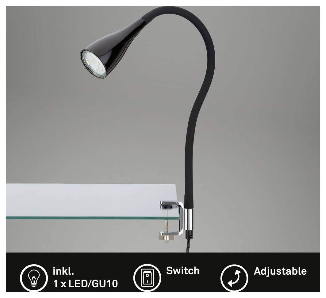 Lampe de bureau LED à clip réglable de couleur noire avec interrupteur, montrée fixée à une étagère ; l'étiquette indique « incl. 1 x LED/GU10 ».