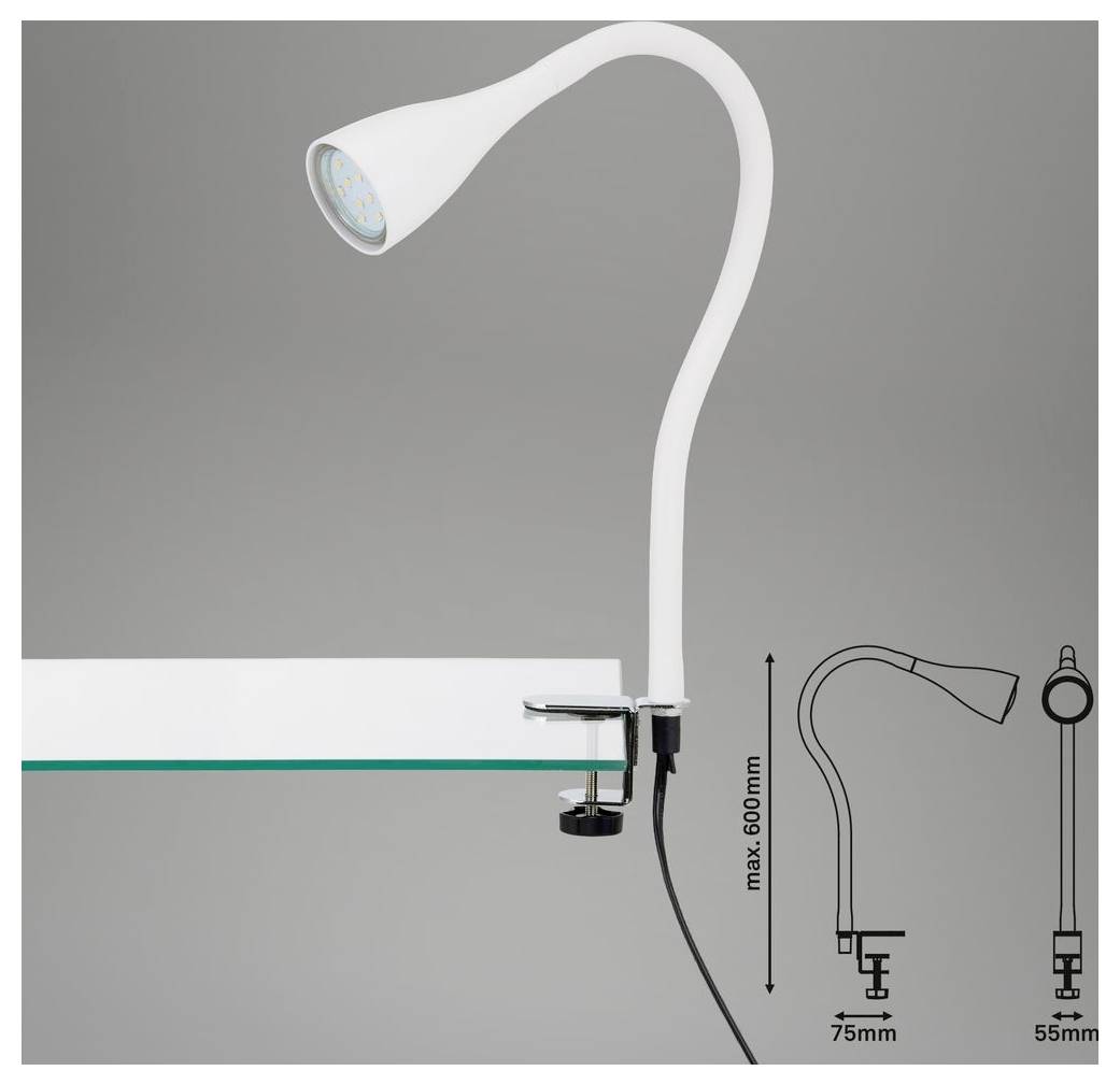 Lampe de travail LED à clip blanc avec col de cygne flexible fixée à un bureau, présentée avec un schéma de dimensions indiquant une hauteur maximale de 600 mm, un collier de 75 mm et une largeur de luminaire de 55 mm.