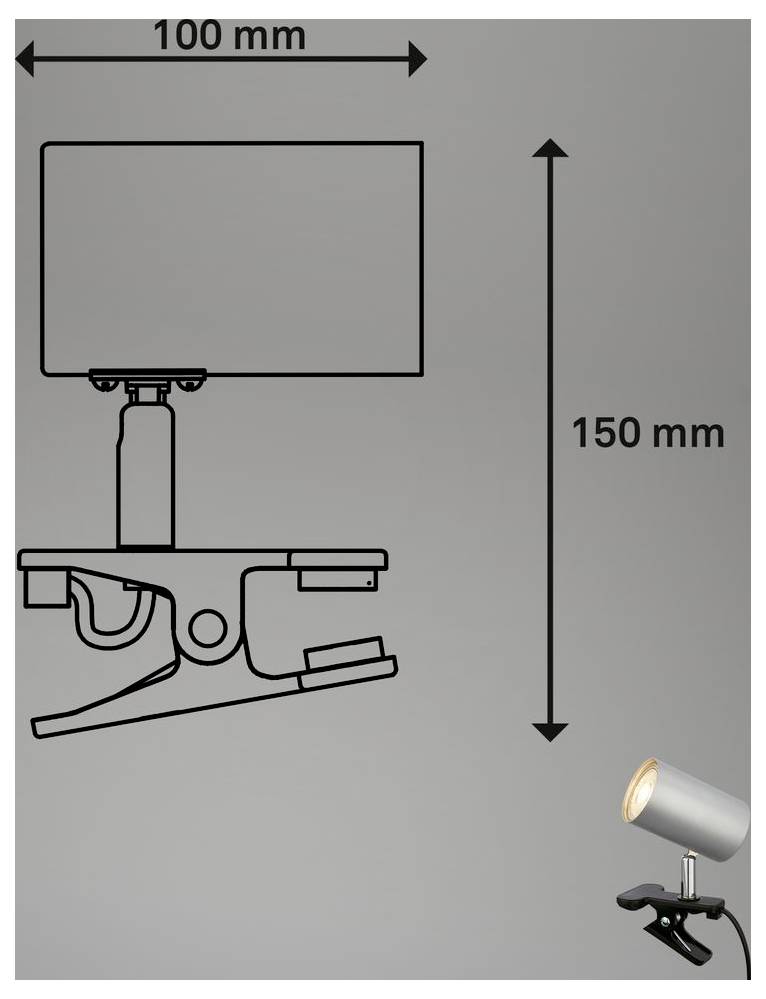 Diagramme de lampe à pince montrant une largeur de 100 mm et une hauteur de 150 mm, avec un petit projecteur fixé en bas à droite.