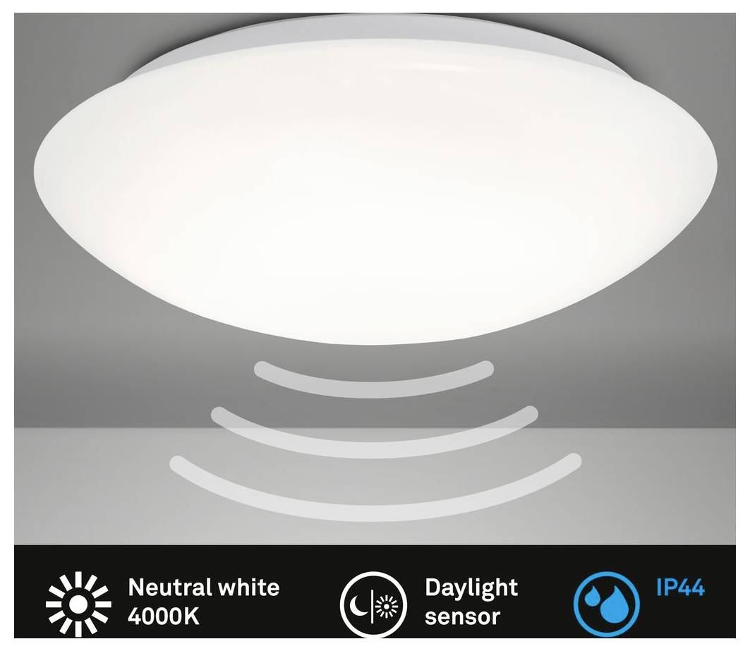 Luminaire de plafond blanc rond avec détecteur de lumière du jour et indice de protection IP44, étiqueté blanc neutre 4000K.