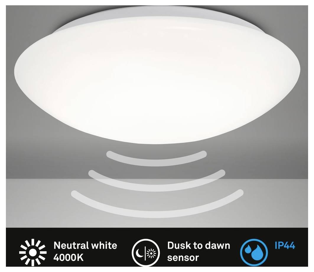 Luminaire de plafond LED rond avec capteur crépusculaire, blanc neutre 4000K, indice de protection IP44.