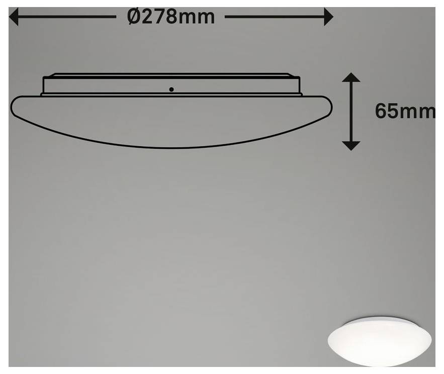 Schéma d'un luminaire de plafond montrant les dimensions : 278 mm de largeur et 65 mm de hauteur, avec une petite image du luminaire en bas à droite.