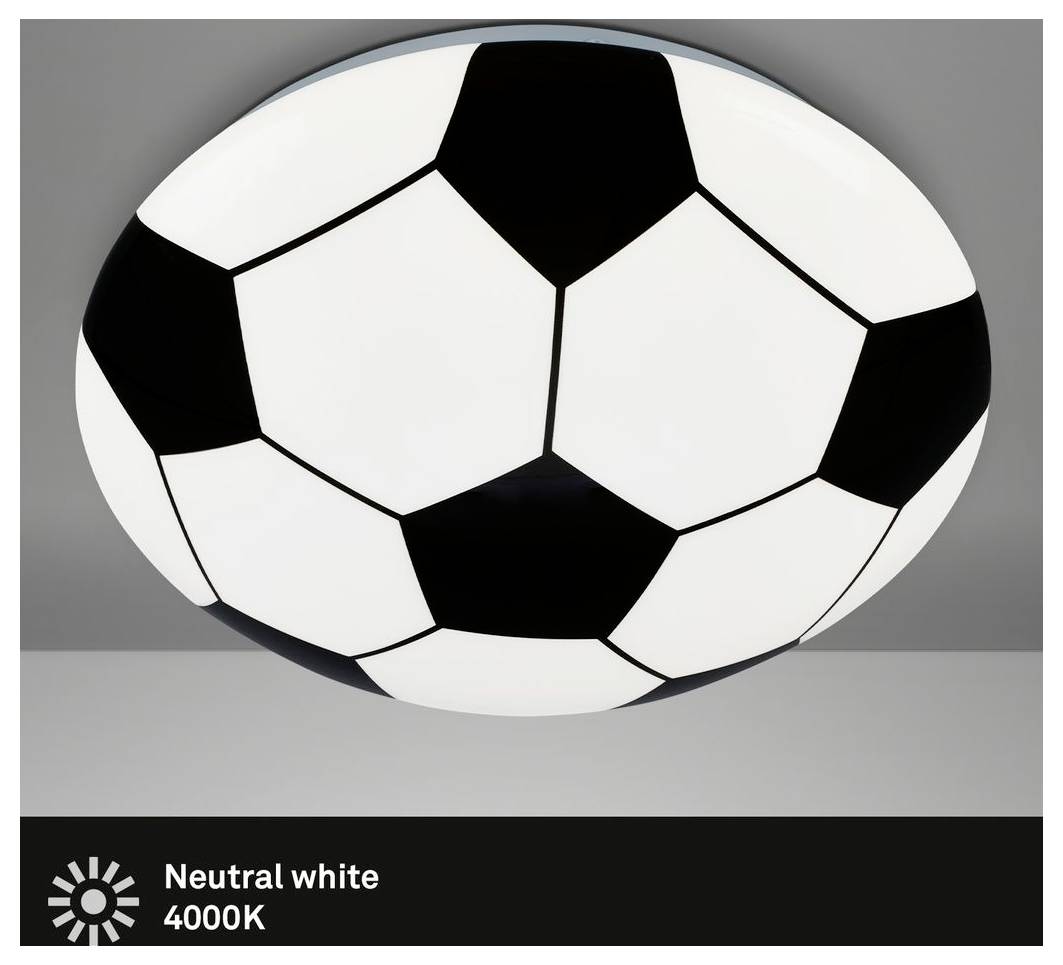 Ballon de soccer sur un fond gris, étiqueté « Blanc neutre 4000K » avec une icône de lumière, affichant le paramètre de température de couleur.