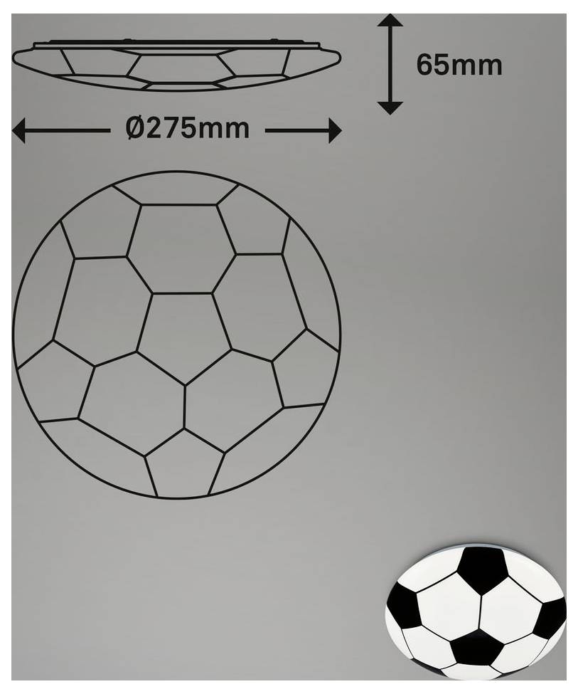 Diagramme d'une disposition des panneaux d'un ballon de soccer sphérique, étiqueté avec un diamètre de 275 mm et une hauteur de 65 mm, avec un petit aperçu du ballon dans le coin.