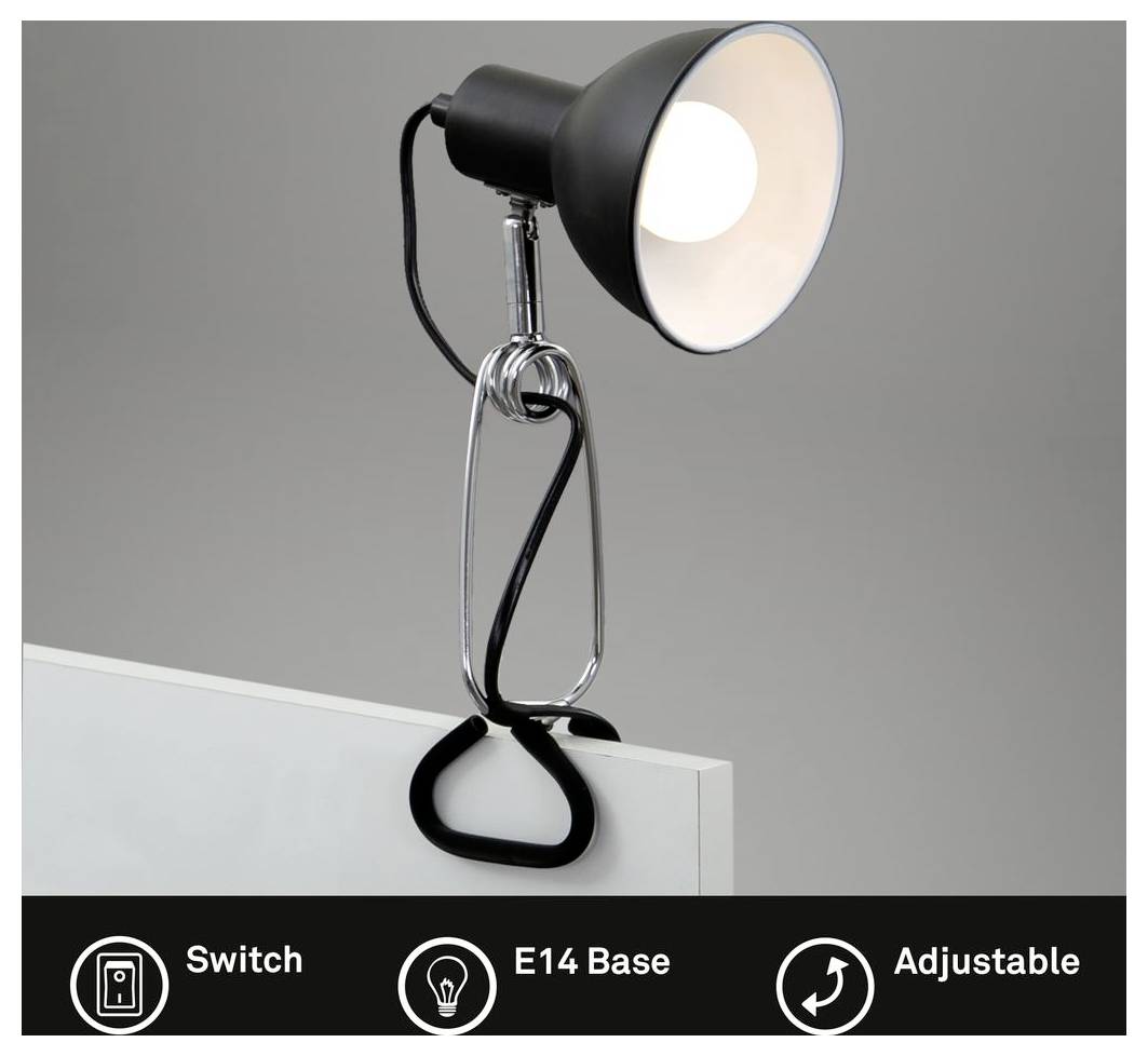 Lampe de bureau ajustable avec pince, interrupteur et culot E14 fixée à une surface sur un fond gris.