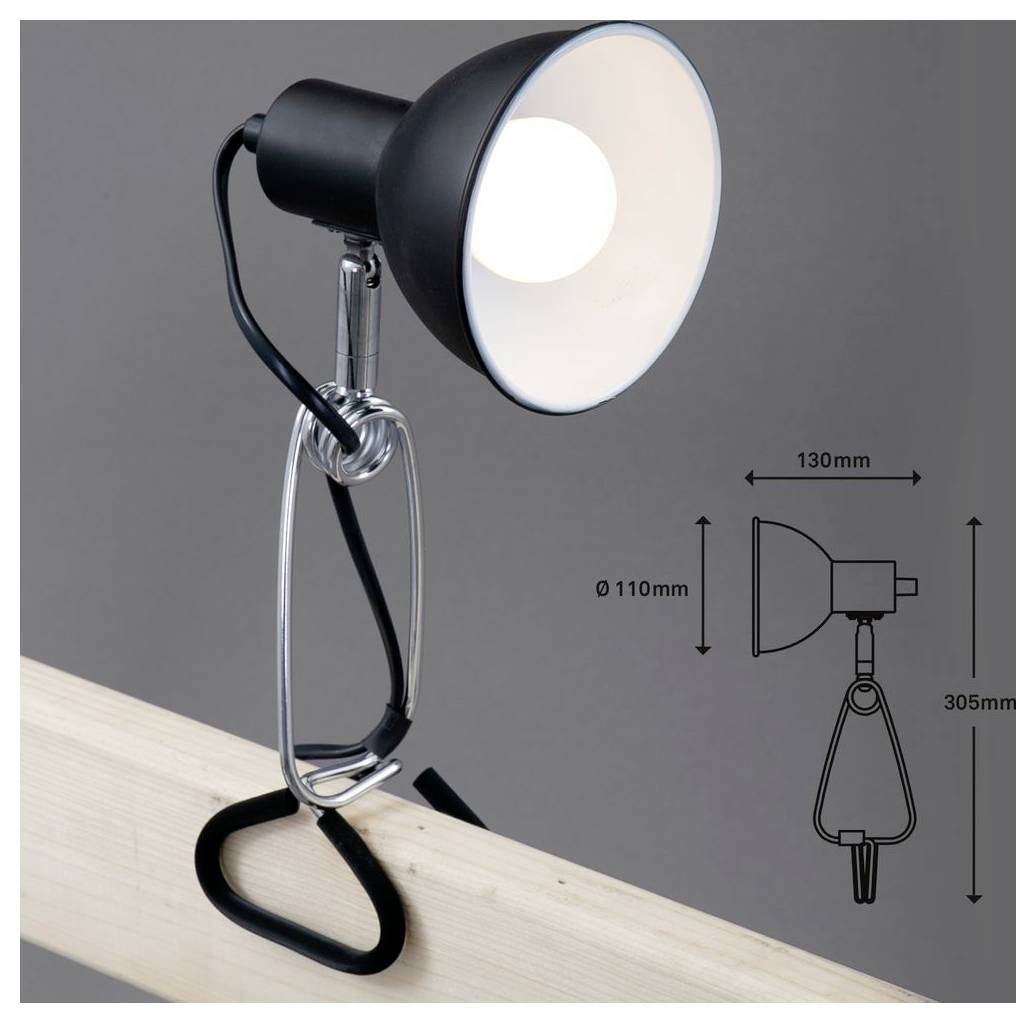 Lampe de bureau à pince avec socle métallique ajustable et abat-jour noir, montée sur une surface en bois ; le diagramme latéral indique les dimensions : 130 mm de large, 110 mm de diamètre, 305 mm de hauteur.