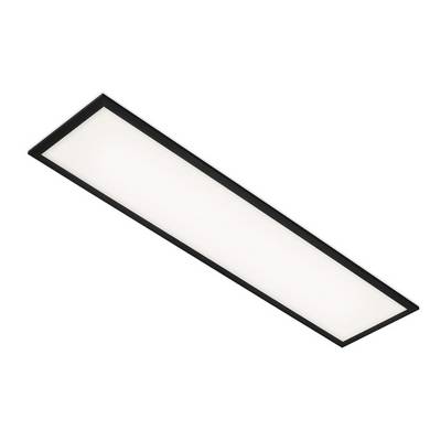 Un long panneau de lumière de plafond encastré de forme rectangulaire avec un cadre noir et un diffuseur blanc, présenté sous un angle sur un fond blanc.