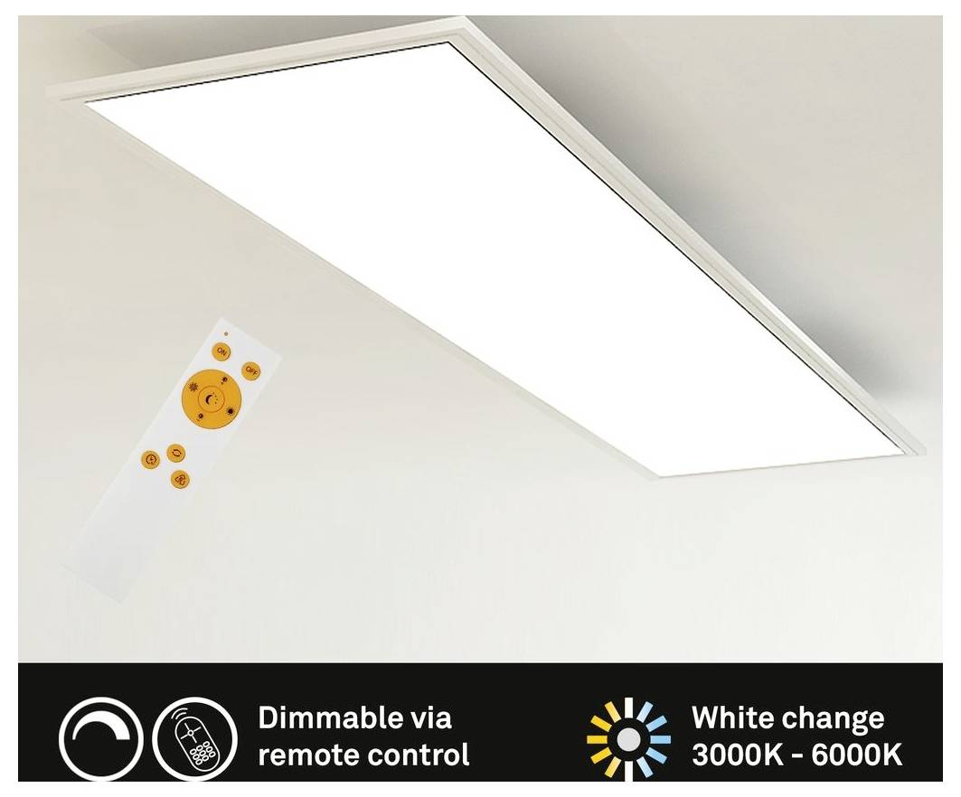Panneau lumineux encastré au plafond rectangulaire avec variation de l'intensité lumineuse par télécommande et changement de température de couleur de 3000K à 6000K.