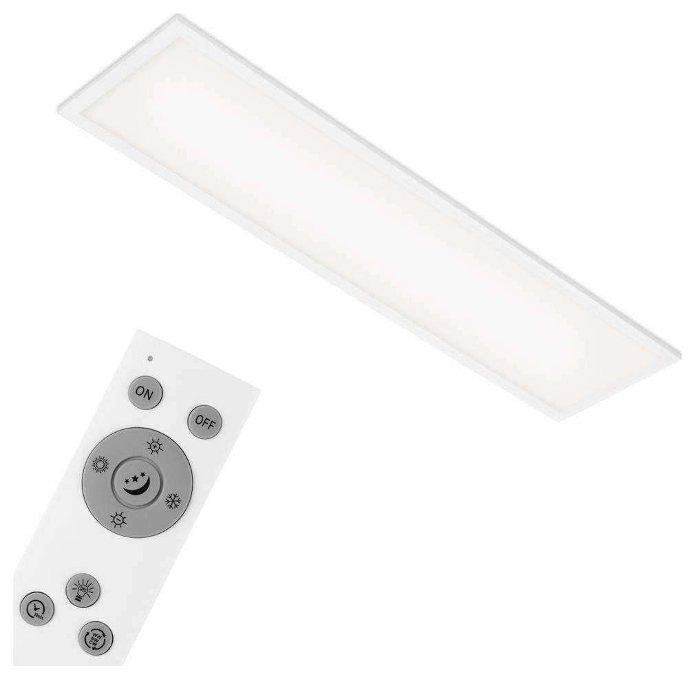 Panneau de lumière de plafond rectangulaire avec une télécommande affichant les boutons MARCHE, ARRÊT, luminosité et minuterie.