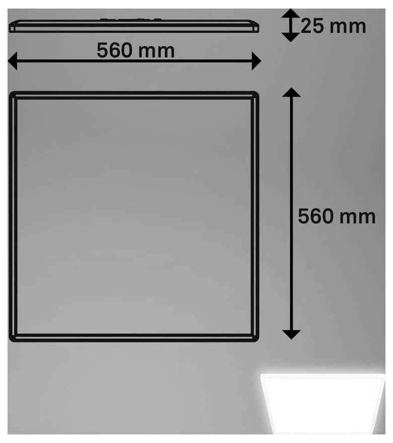 Diagramme d'un panneau carré mesurant 560 mm par 560 mm et 25 mm d'épaisseur, présenté avec des flèches de cote.