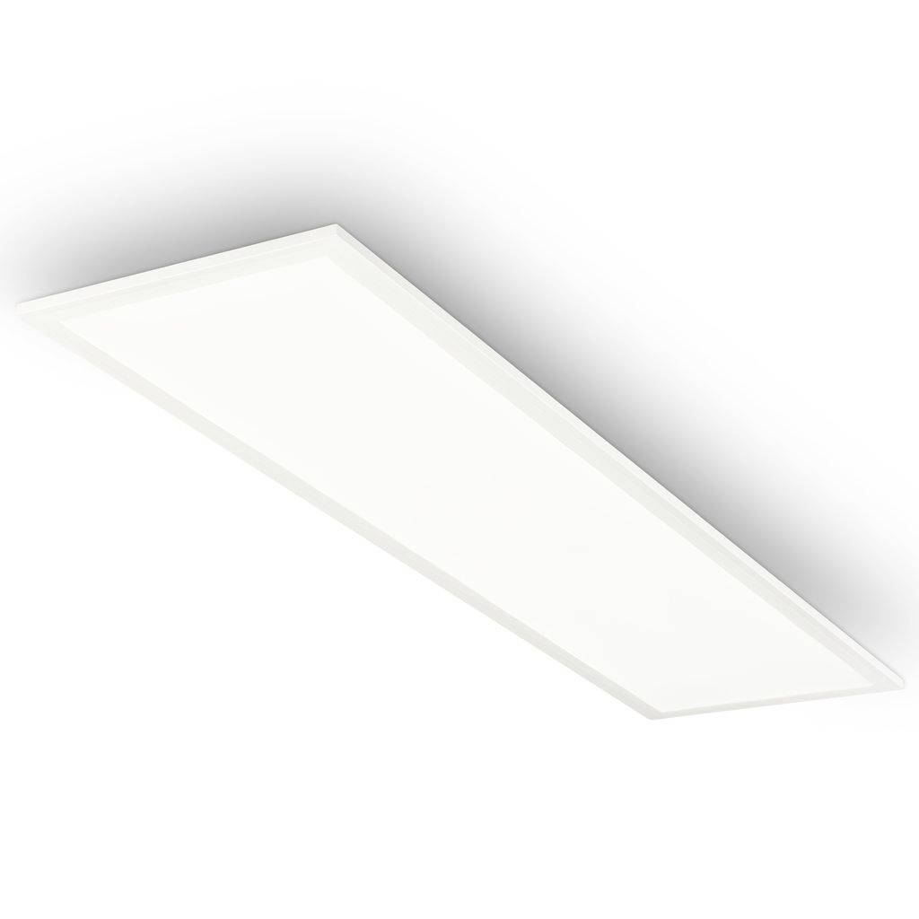 Panneau de luminaire de plafond rectangulaire blanc sur un fond blanc uni, présenté en perspective.