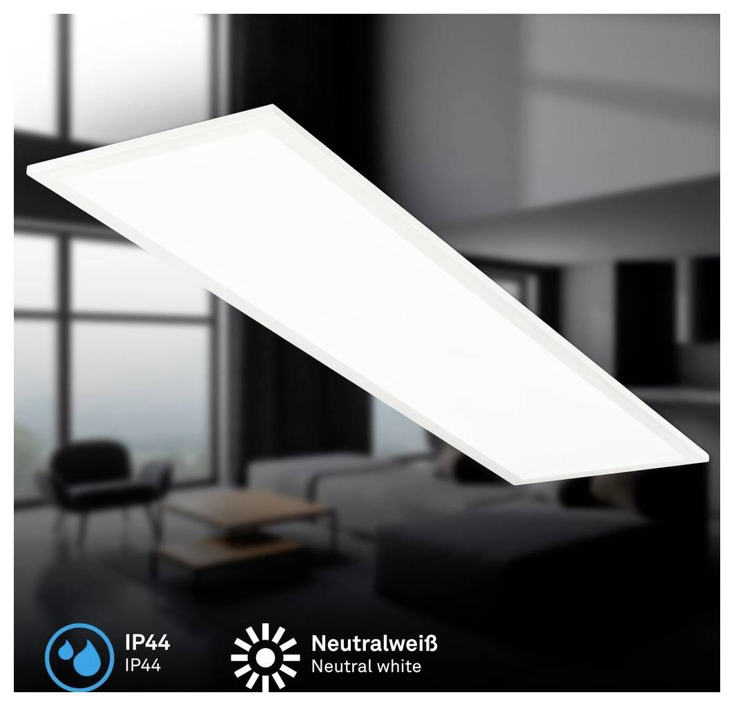 Panneau de plafond LED rectangulaire blanc, étiqueté IP44 et « Neutralweiß » (blanc neutre), présenté dans un salon moderne.