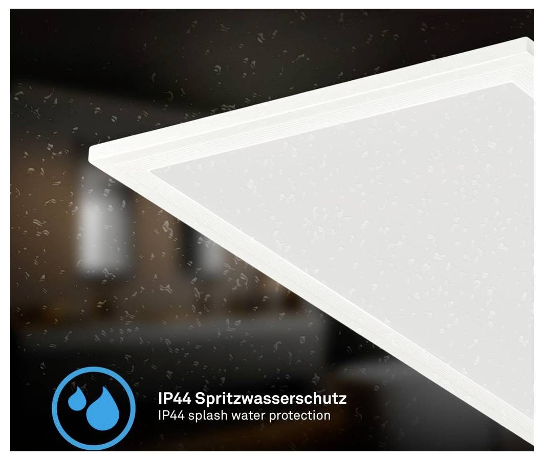 Panneau lumineux LED avec protection contre les éclaboussures 'IP44' et icône de 'protection contre les éclaboussures IP44', indiquant une résistance aux éclaboussures d'eau.