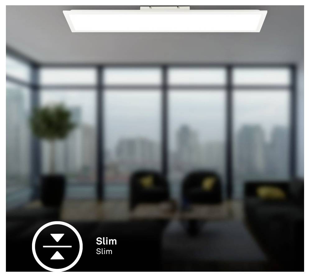 Appareil d'éclairage de plafond rectangulaire mince montré au-dessus d'un salon de bureau moderne flou avec vue sur la ville, étiqueté « Slim ».
