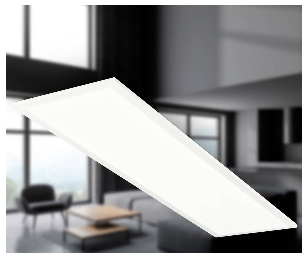 Un panneau de plafond LED rectangulaire encastré émettant une lumière blanche brillante dans un intérieur de pièce moderne.