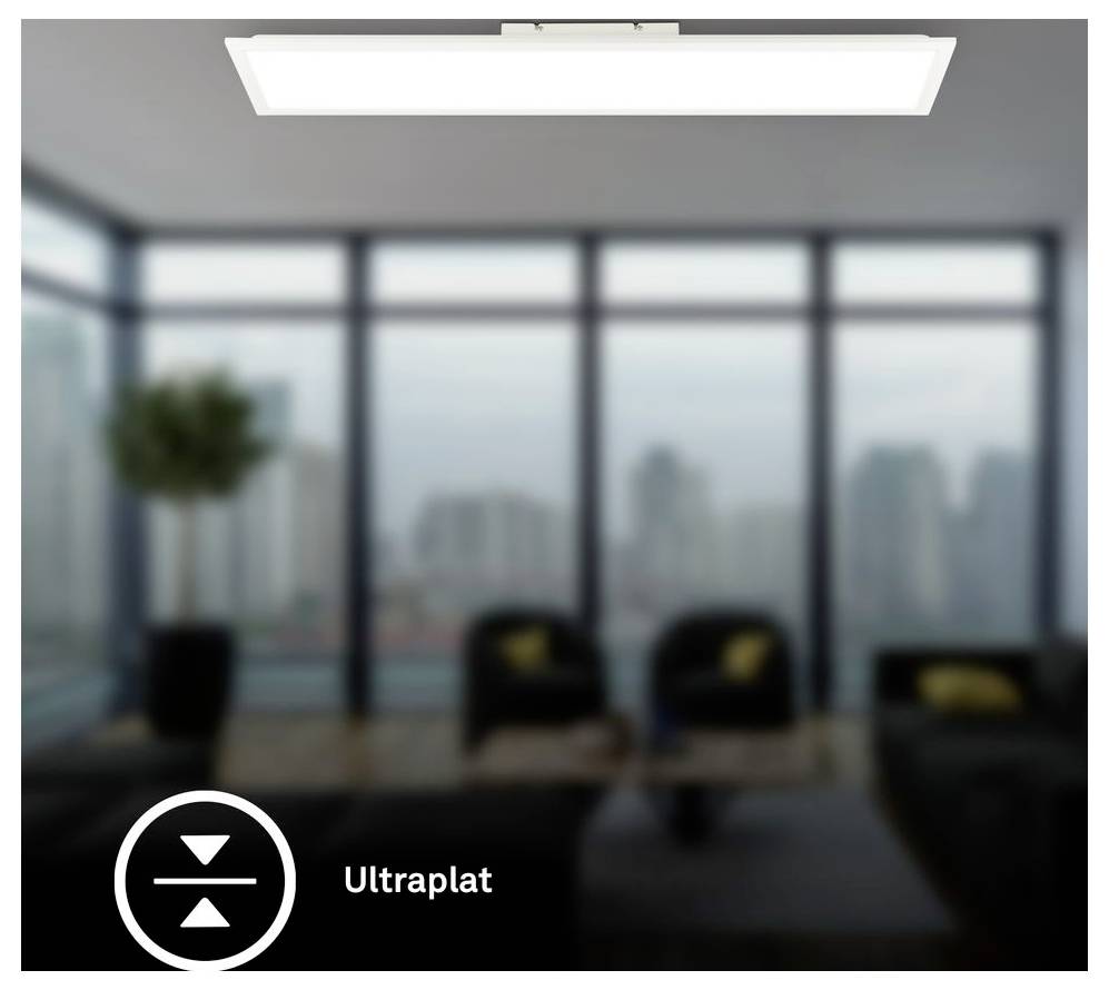 Bureau de détente flou avec de grandes fenêtres, un luminaire de plafond, et le logo « Ultraplat » en bas à gauche.