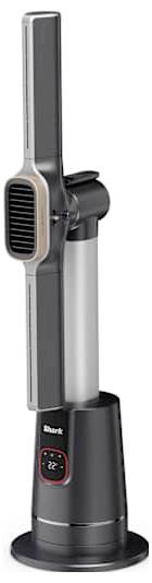 Aspirateur-balai sans fil Shark en position verticale sur une base de recharge, présenté en vue de face.
