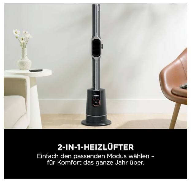 Radiateur-ventilateur tour 2-en-1 noir debout dans un salon, avec du texte allemand : « RADIATEUR-VENTILATEUR 2-EN-1 » et « choisissez le bon mode pour un confort toute l'année ».