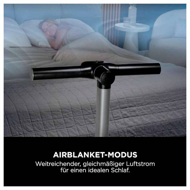 Panneau de commande d'un appareil de circulation d'air devant un couple endormi au lit; texte: 'MODE AIRBLANKET' et 'Flux d'air large et uniforme pour un sommeil idéal.'