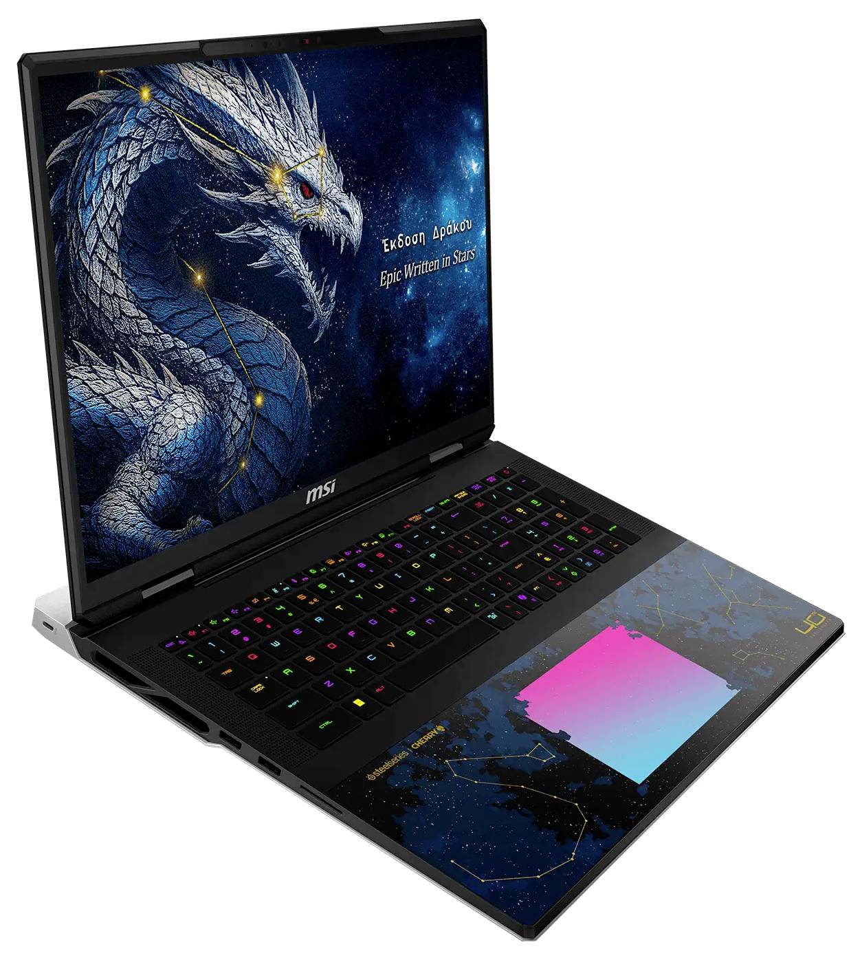 Ouvrir un ordinateur portable MSI avec clavier RGB et art thématique dragon sur l'écran et le pavé tactile.