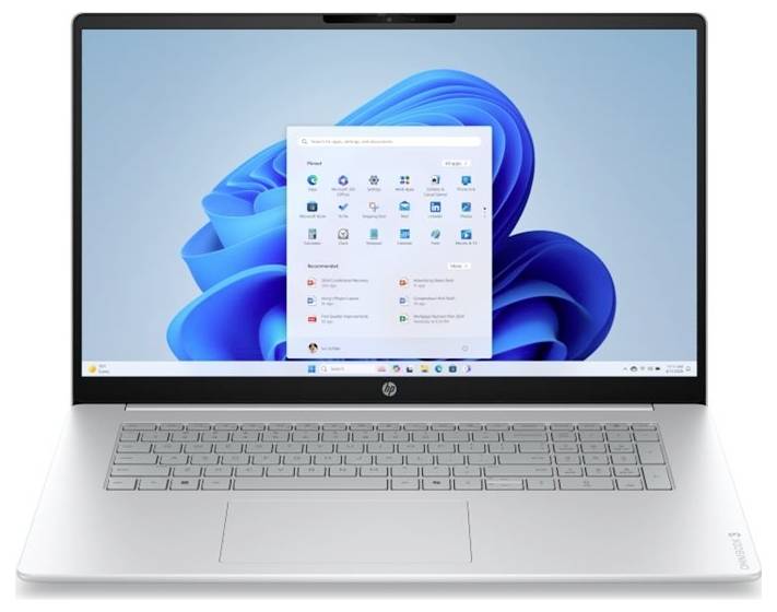Ordinateur portable HP argenté affichant le bureau Windows 11 avec le menu Démarrer ouvert à l'écran.