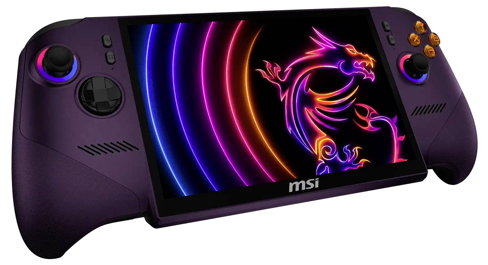 Console de jeu portable MSI avec un écran affichant un dragon néon et des graphiques en arc colorés, avec des commandes de chaque côté.
